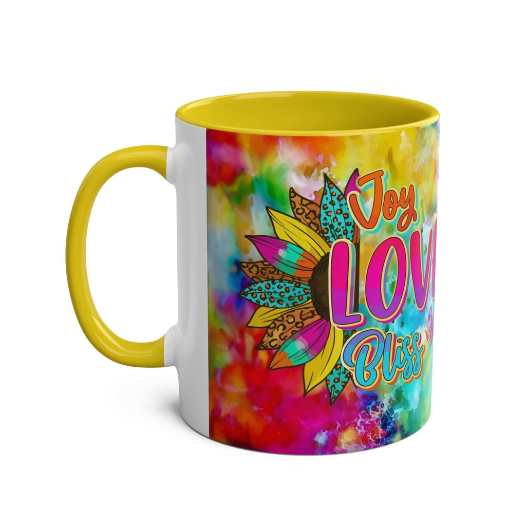 LGBTQ+ Pride Mug with vibrant rainbow design and yellow interior.