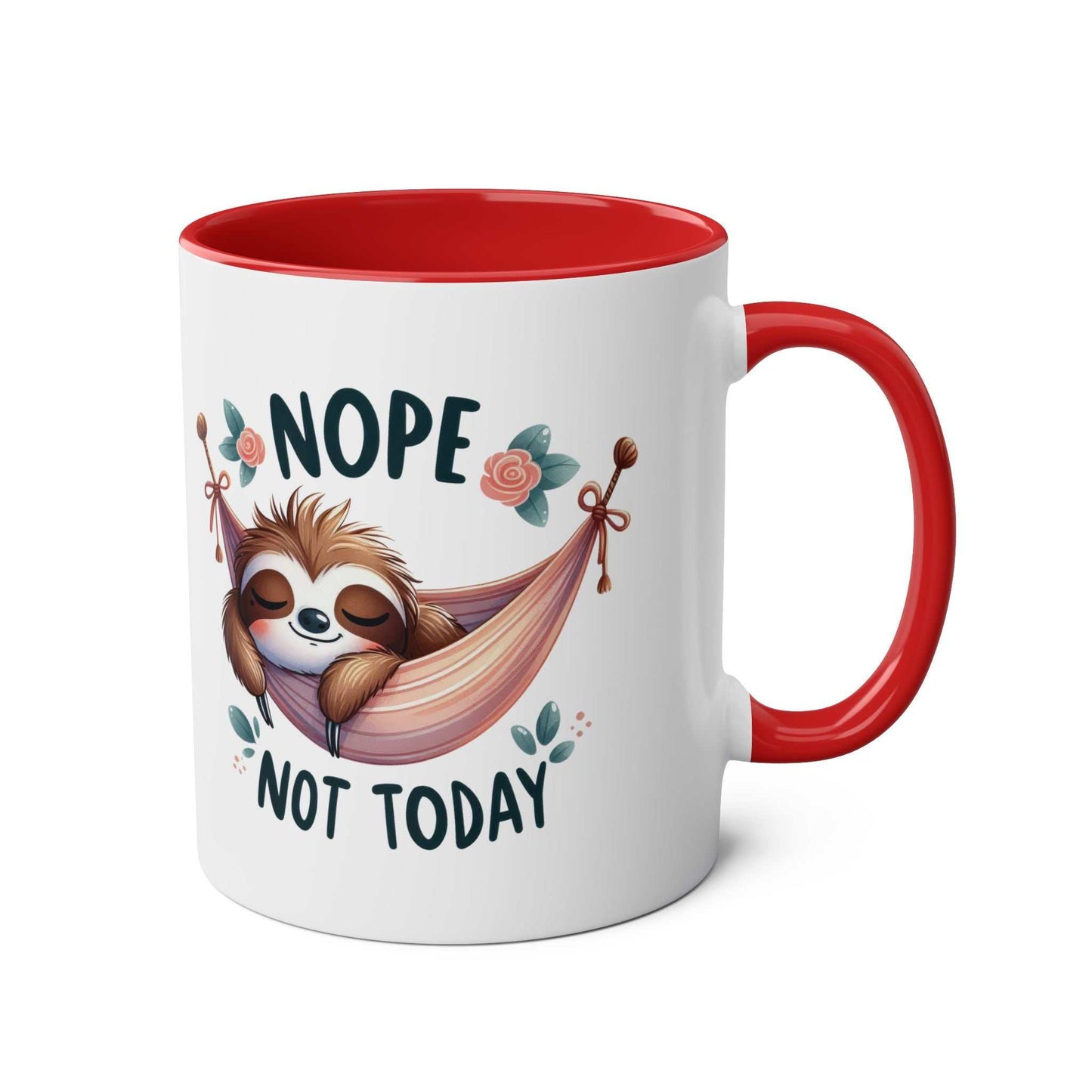 Cute sloth coffee mug with "Nope Not Today" design, featuring sloth in hammock, red handle, 11oz ceramic.