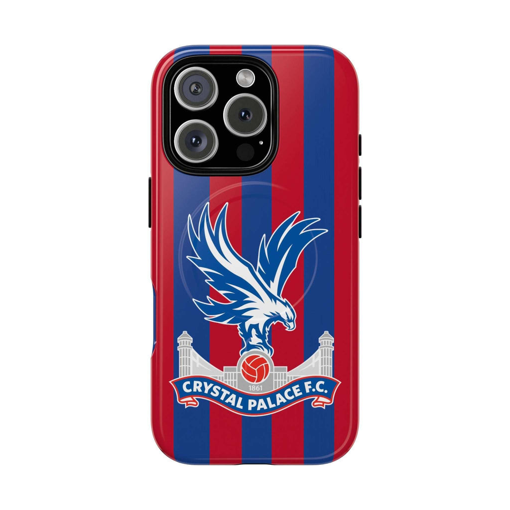 Crystal Palace MagSafe iPhone case with red and blue stripes, team crest, dual-layer protection, and MagSafe compatibility
