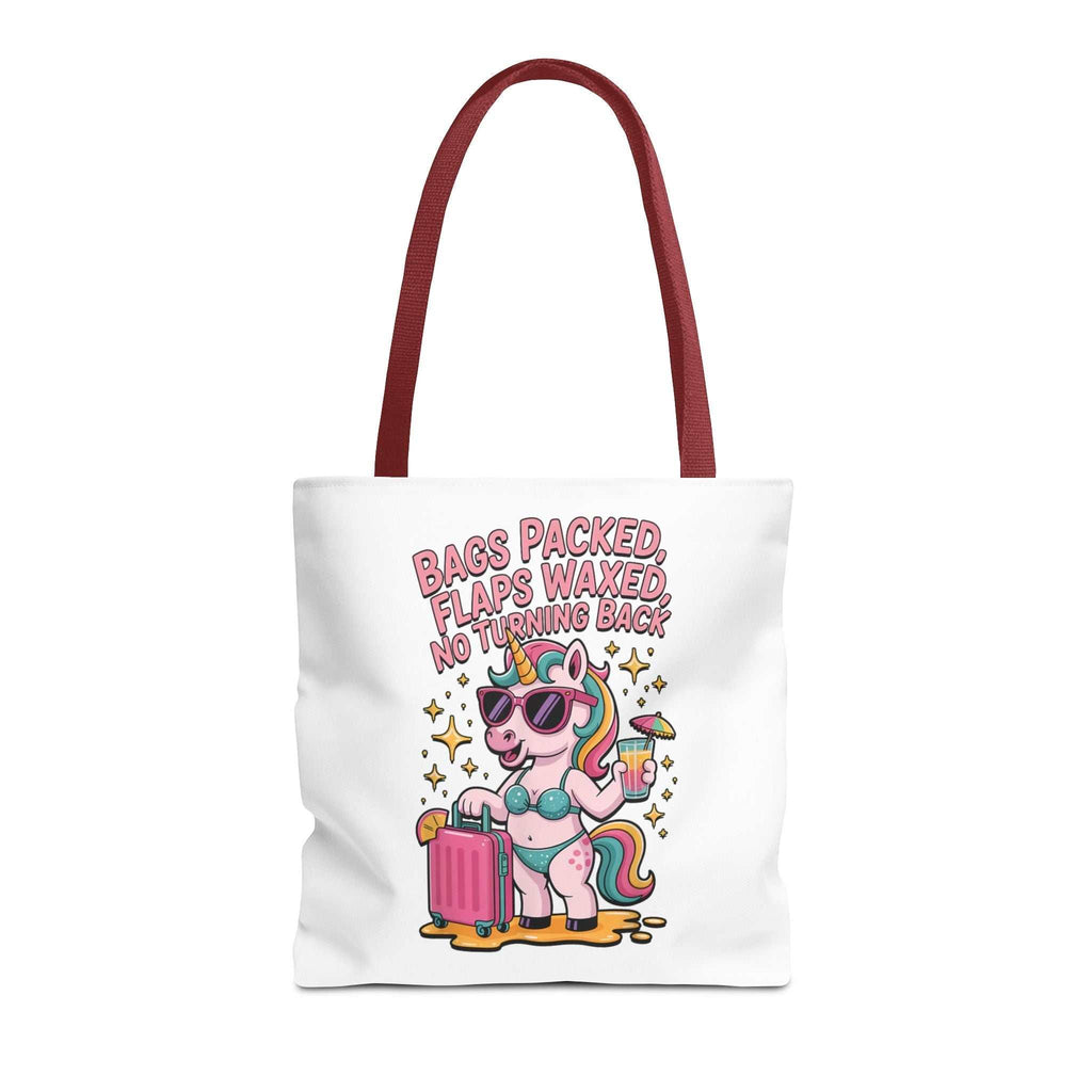 Fun Unicorn Travel Tote Bag with cheeky design and colorful handles, made of durable spun polyester