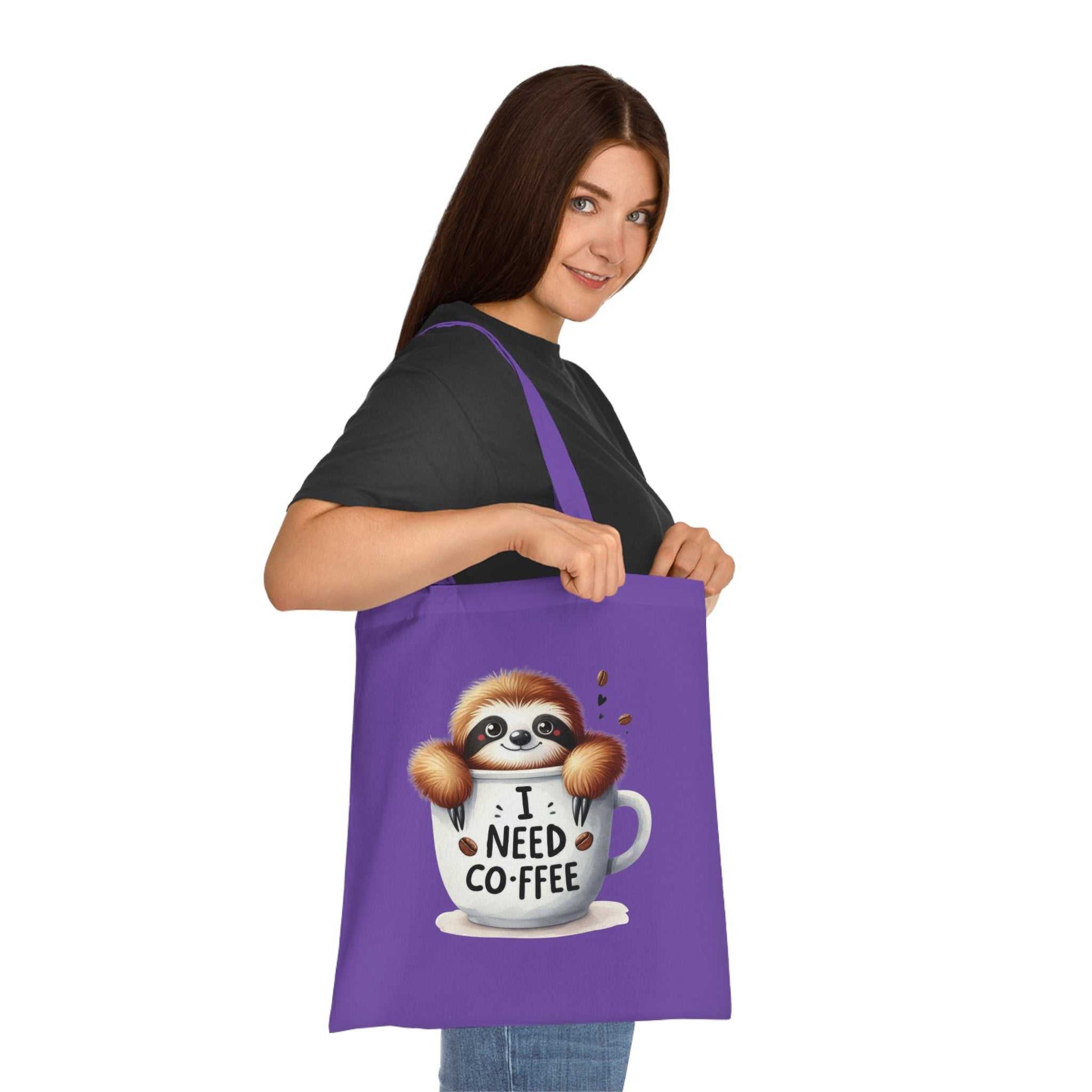 Cotton tote bag with cute sloth design in vibrant colors, ideal for sloth lovers and everyday use.