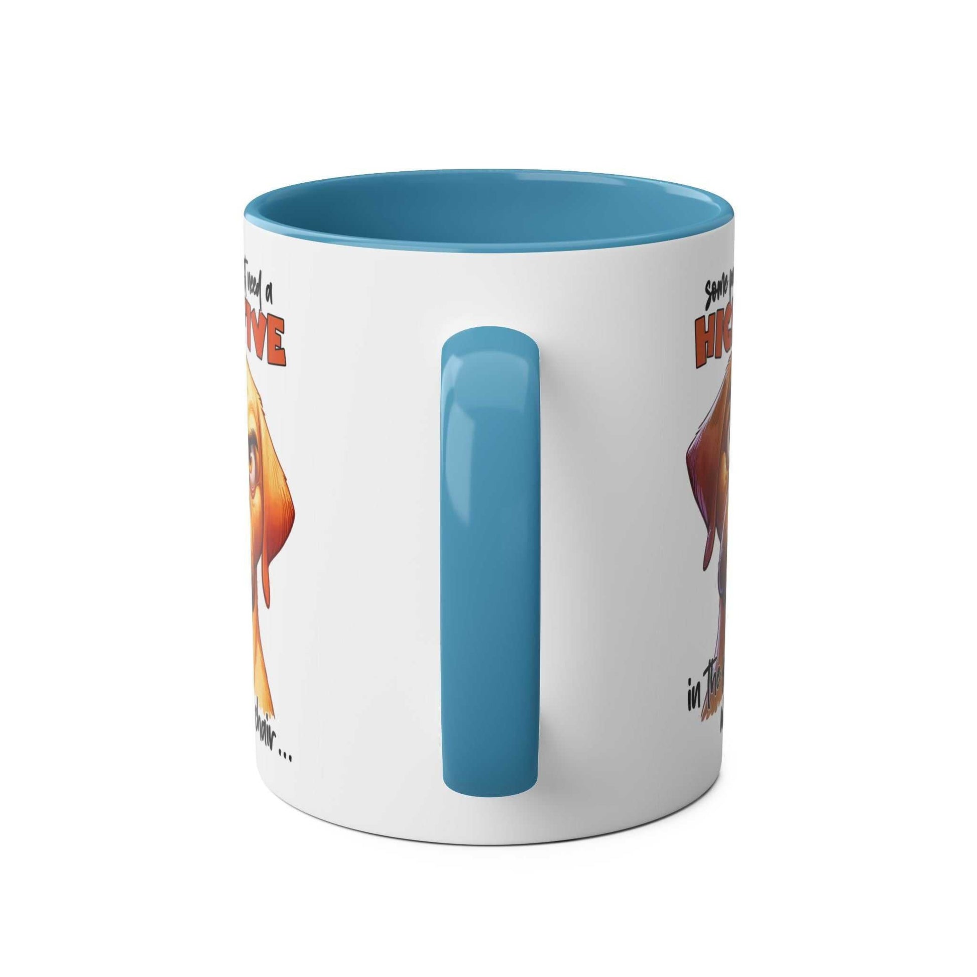 High Five Coffee Mug with snarky dog graphic, blue handle, glossy finish, 11oz ceramic.