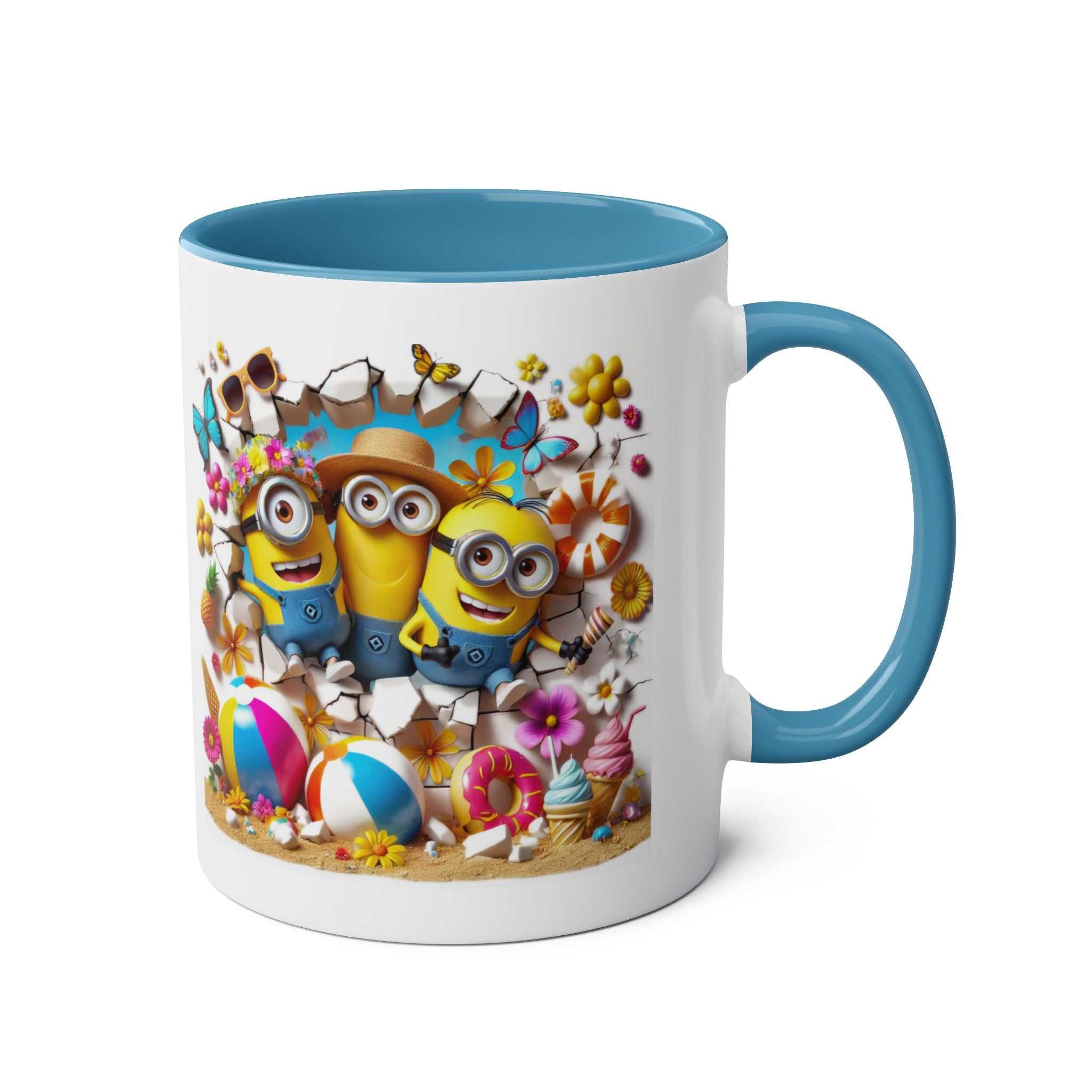 Minion Beach Themed Coffee Mug with Minions enjoying sun and surf, 11oz ceramic, glossy finish.