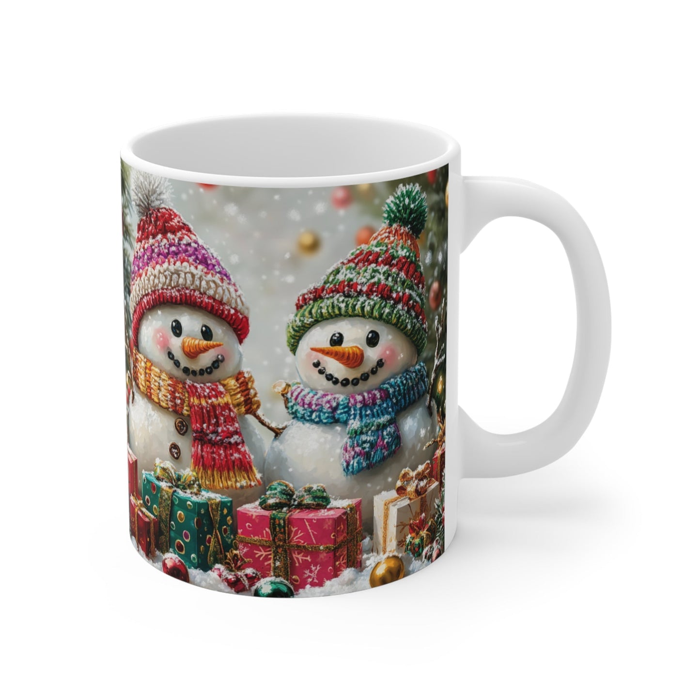 Cute Snowman Christmas Mug with festive design, 11oz ceramic, glossy finish, perfect for holiday drinks.