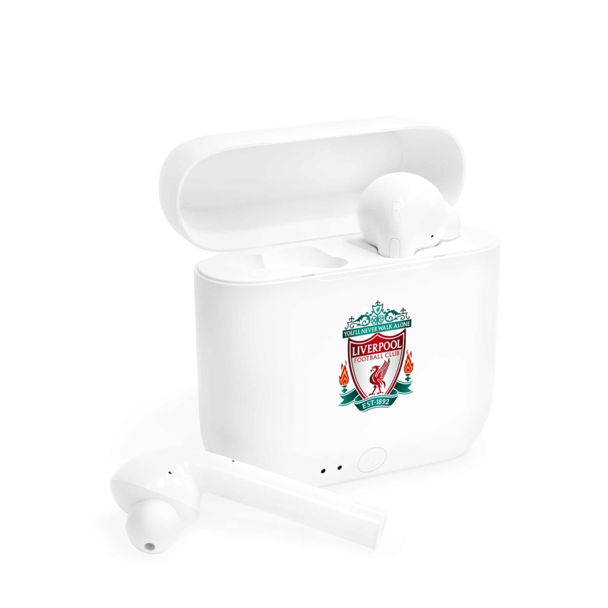 White Liverpool Fc wireless earbuds with charging case featuring fan-inspired club crest design