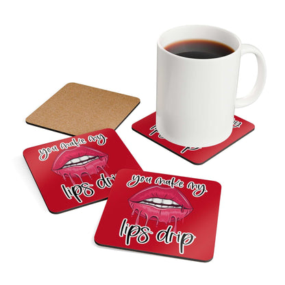 You Make My Lips Drip coaster set with playful red design and cheeky slogan, featuring high-gloss MDF top and cork back.
