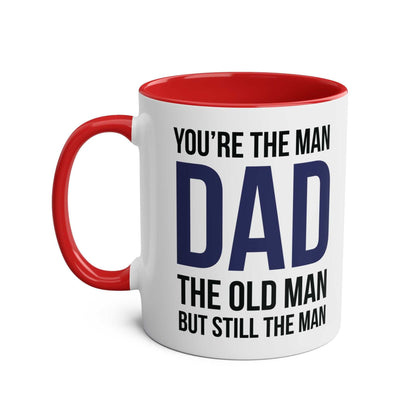 Fun Fathers Day Gift Mug with humorous text, red handle, and interior; perfect gift idea for dads.