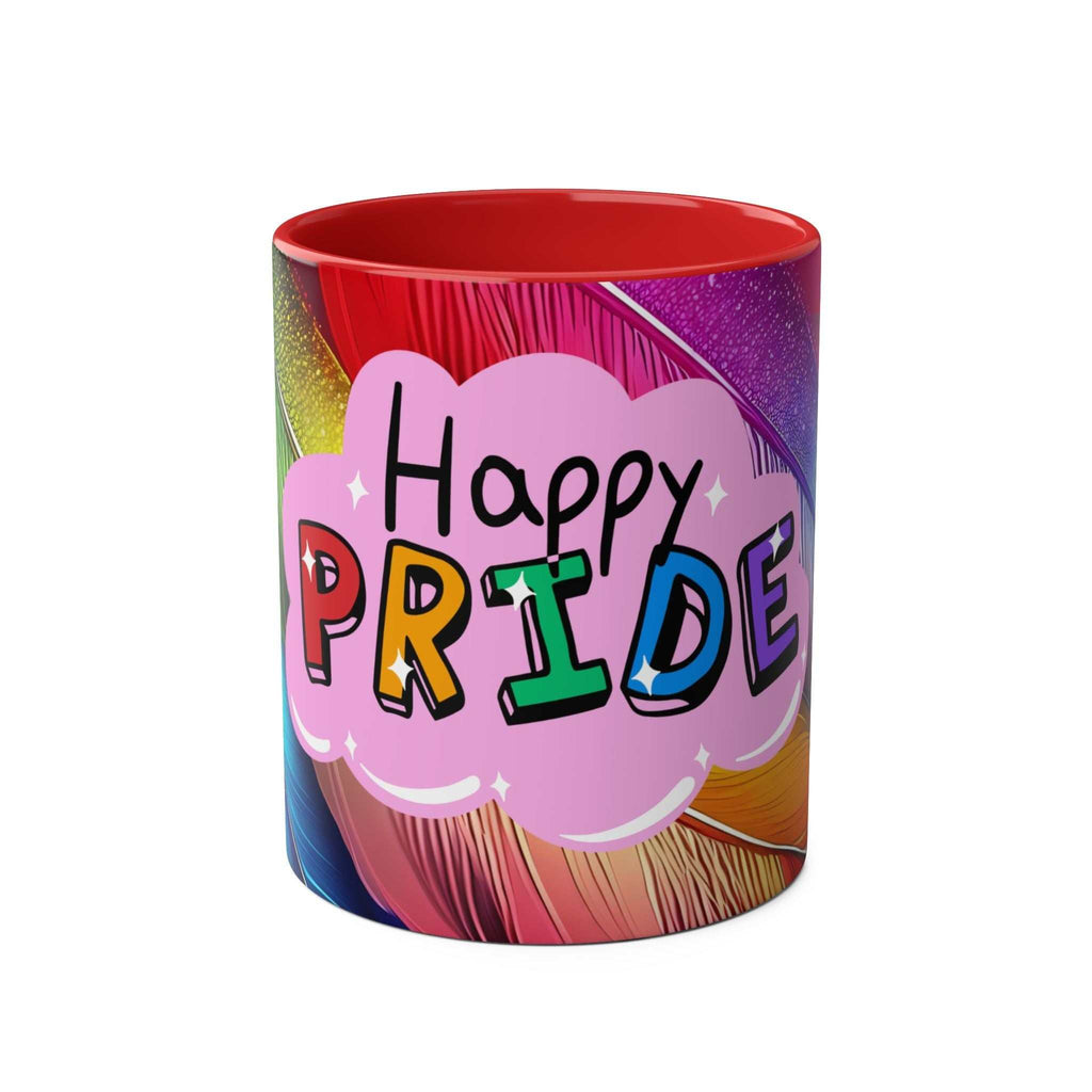 LGBTQ+ Pride Mug with vibrant rainbow design and "Happy Pride" text.