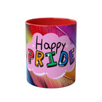 LGBTQ+ Pride Mug with vibrant rainbow design and "Happy Pride" text.
