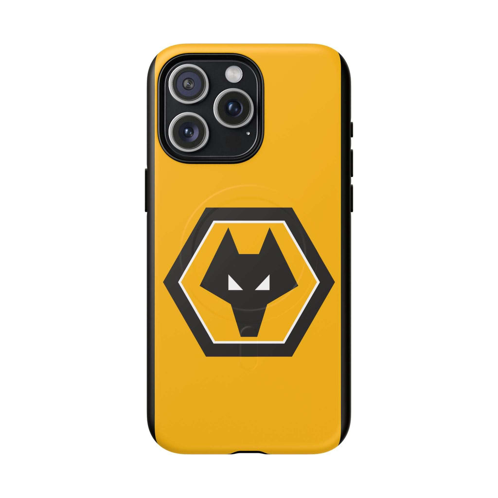 Wolves FC MagSafe iPhone case with gold black colors and wolf crest, dual layer protection