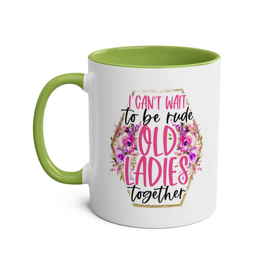 Old Ladies Coffee Mug with floral design and humorous quote, green handle.