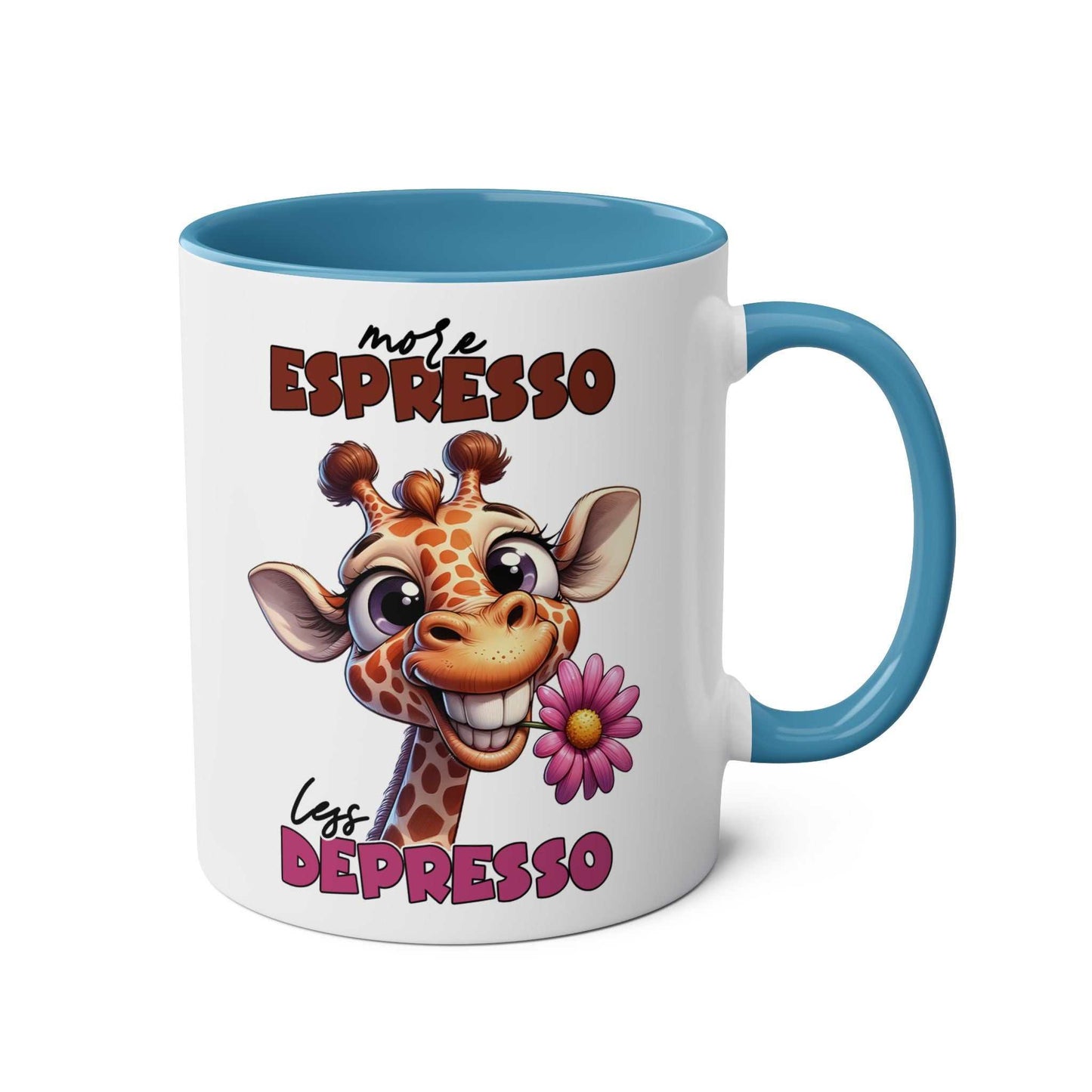 More Expresso Coffee Mug with quirky giraffe design, 11oz ceramic, glossy finish.