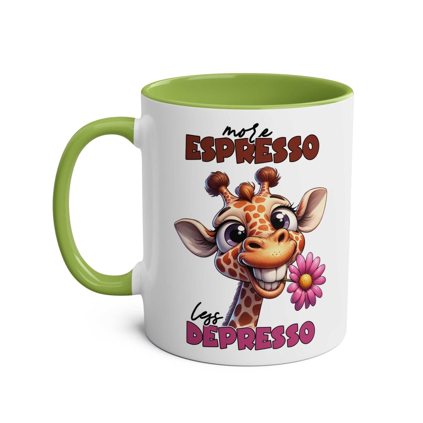 More Expresso Coffee Mug with a quirky giraffe design, 11oz ceramic, glossy finish, dishwasher safe.