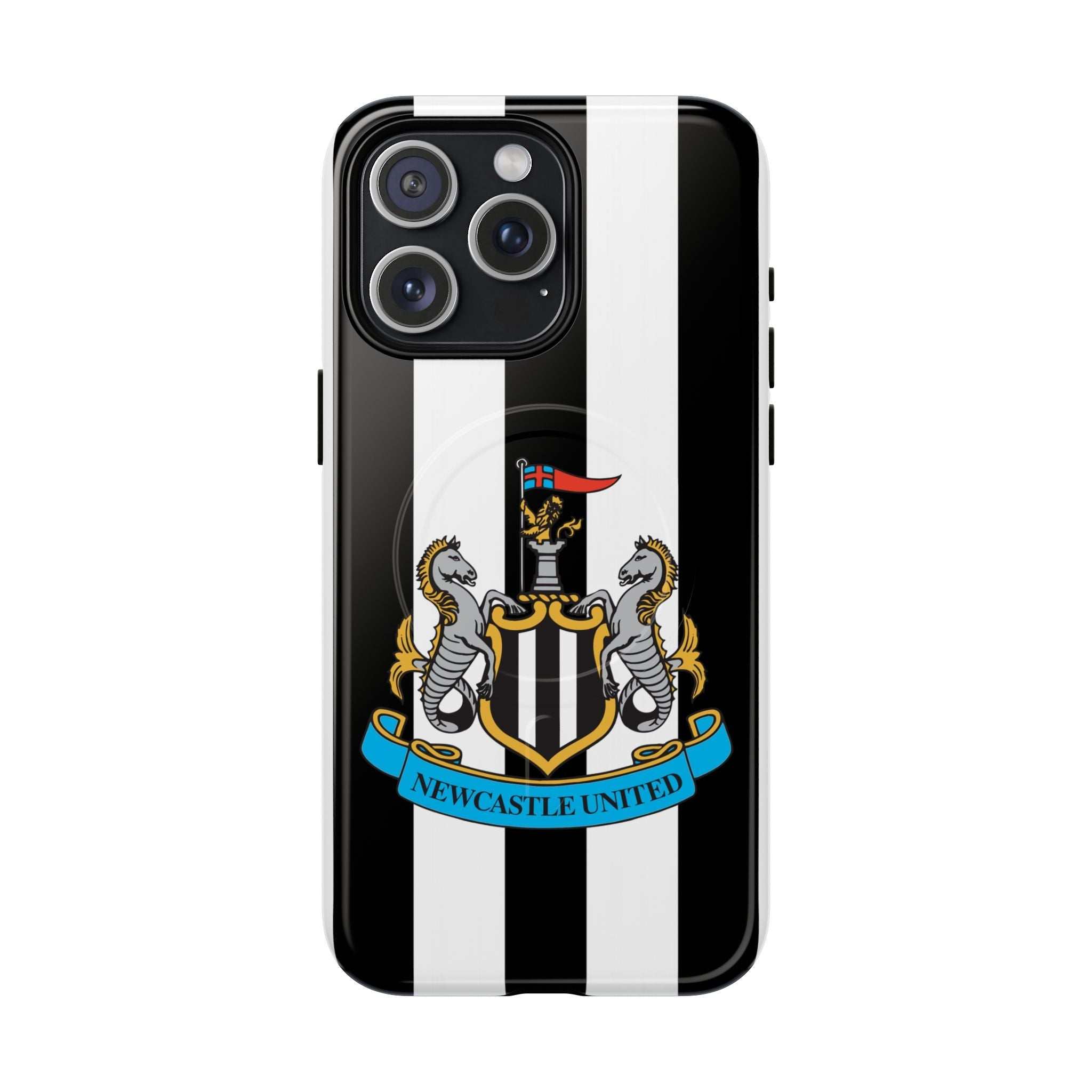 Newcastle United Magsafe iPhone case with black and white stripes and club crest, durable dual-layer protection, MagSafe compatible