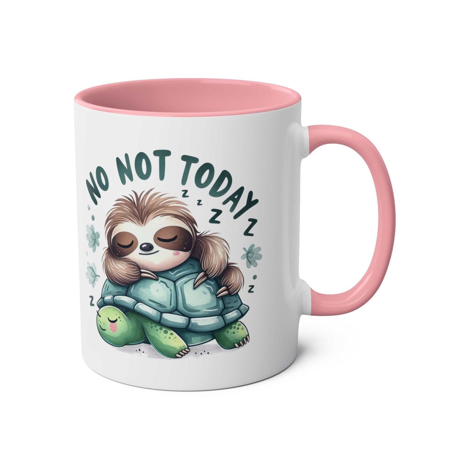 Cute sloth coffee mug with whimsical design and pink handle.