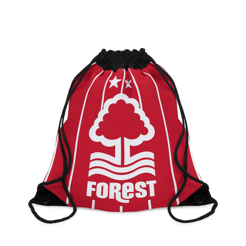 Nottingham Forest drawstring bag in red with white tree crest and black cords, lightweight polyester for sports and travel.