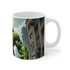 White ceramic coffee mug featuring a vibrant Hulk-inspired superhero design with glossy finish, microwave and dishwasher safe.