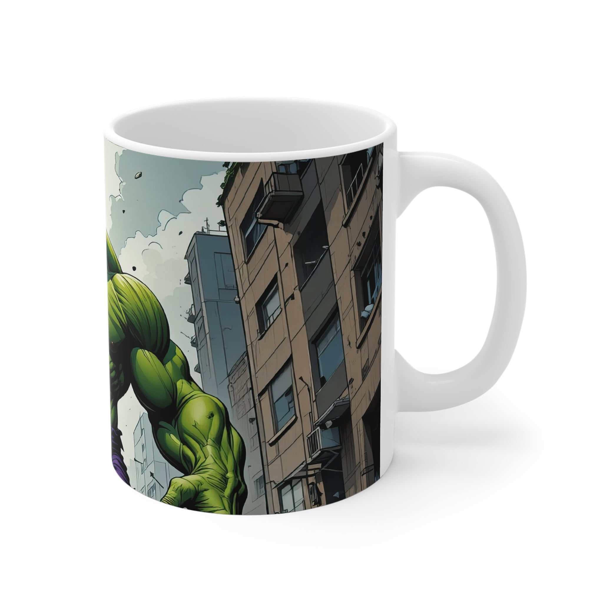 White ceramic coffee mug featuring a vibrant Hulk-inspired superhero design with glossy finish, microwave and dishwasher safe.