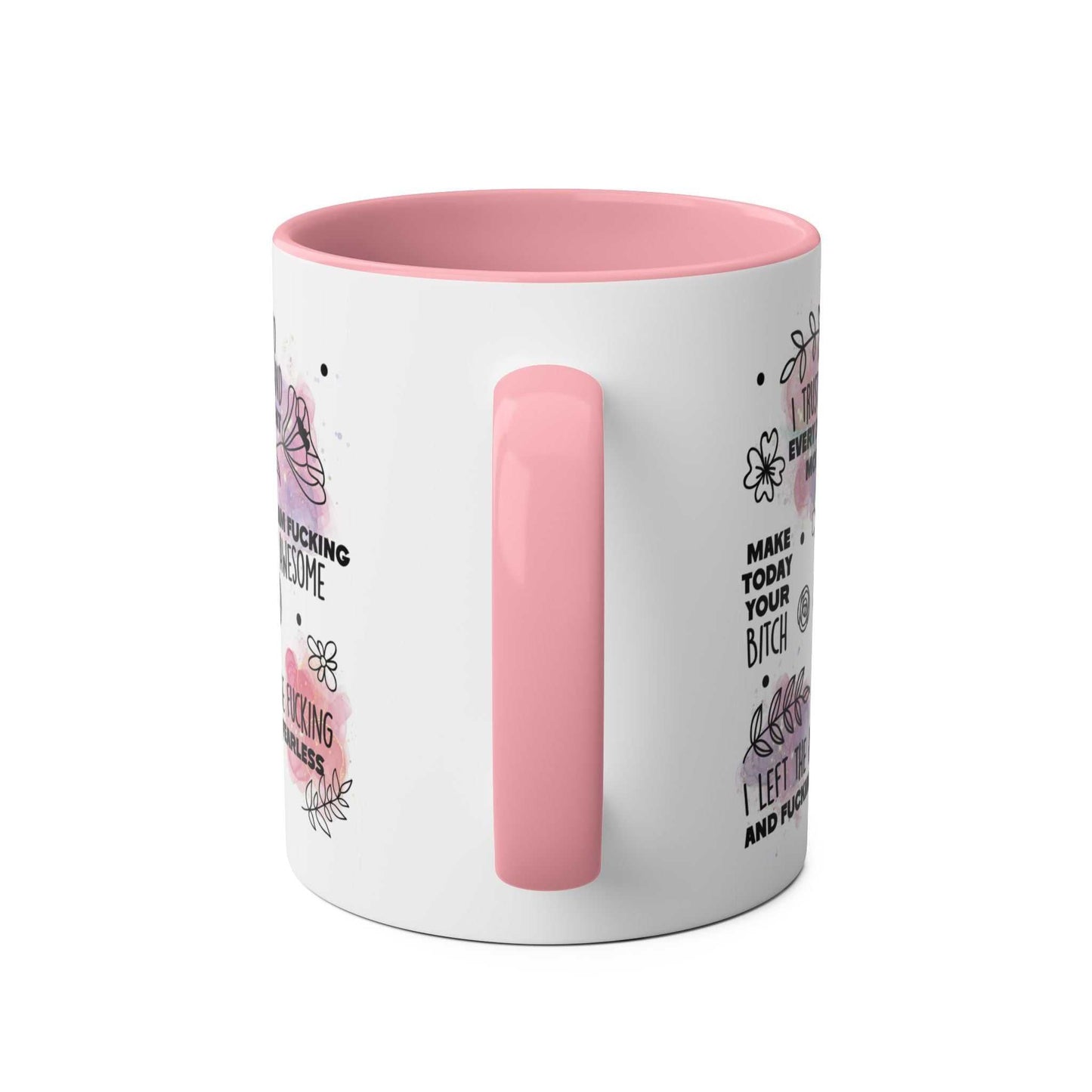 Sweary Quotes Coffee Mug with pink handle and cheeky sayings, perfect for quirky personalities.