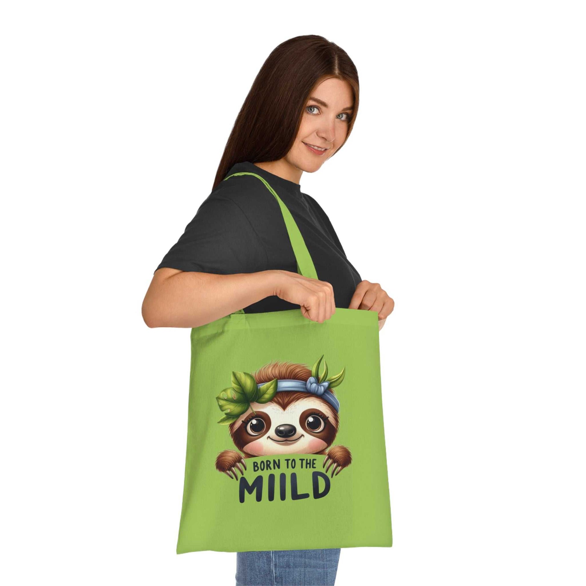 Cotton tote bag with cute sloth design, vibrant colors, 100% cotton, available in six colors, sloth lovers gift idea.