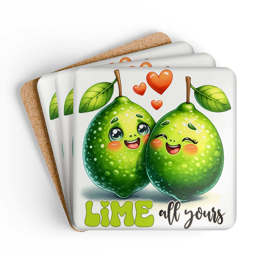 Lime All Yours Coaster Set with vibrant lime design and cork backing.