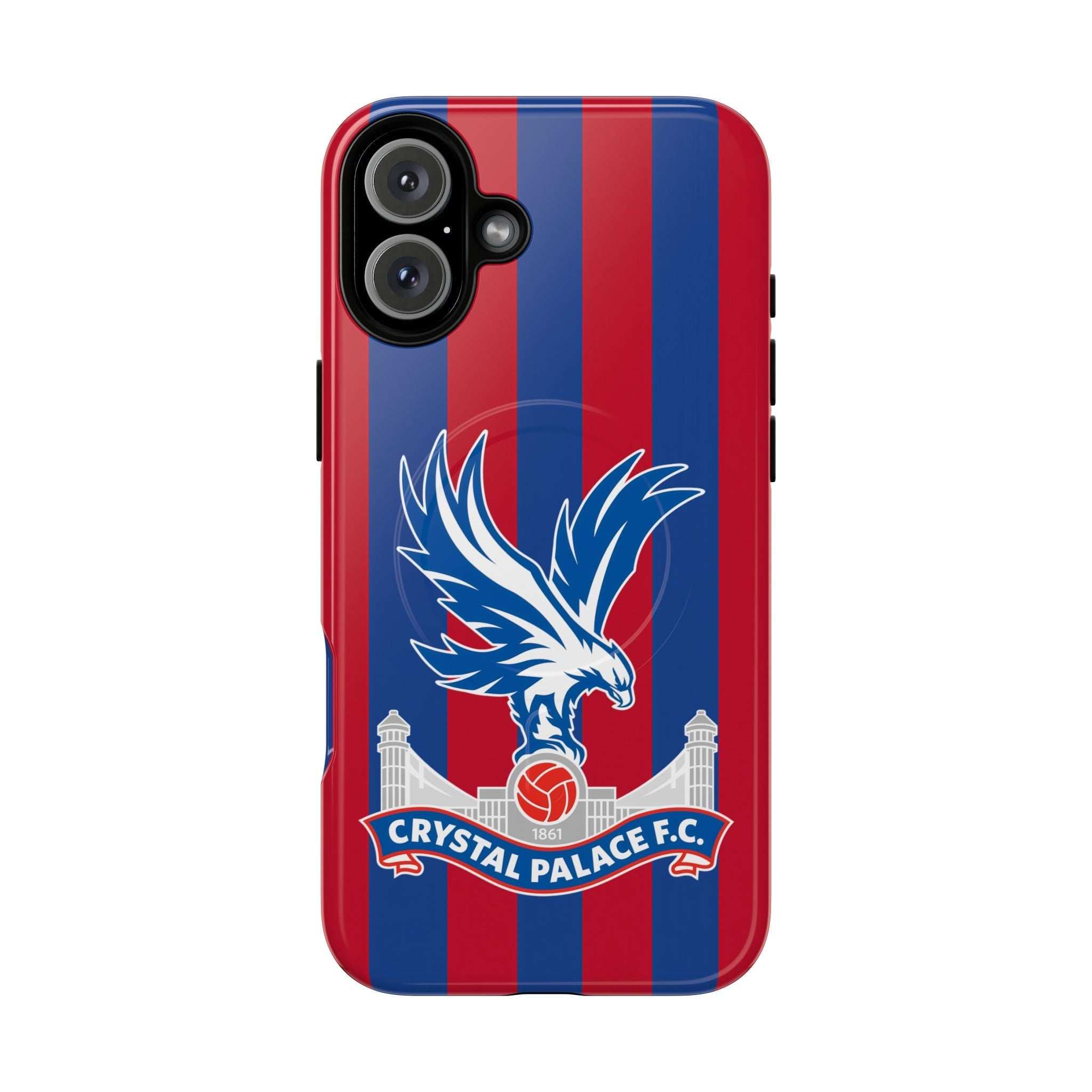 Crystal Palace MagSafe iPhone case with red and blue stripes and club crest, dual layer protective design