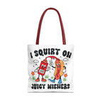 Cheeky Juicy Wieners Fun Tote Bag with hot dog design and colorful straps