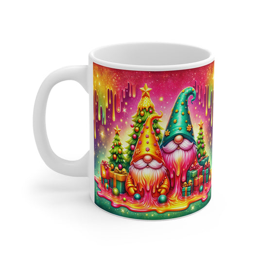 Christmas Gnome Mug with colorful holiday design, ceramic, 11oz, festive drinkware.