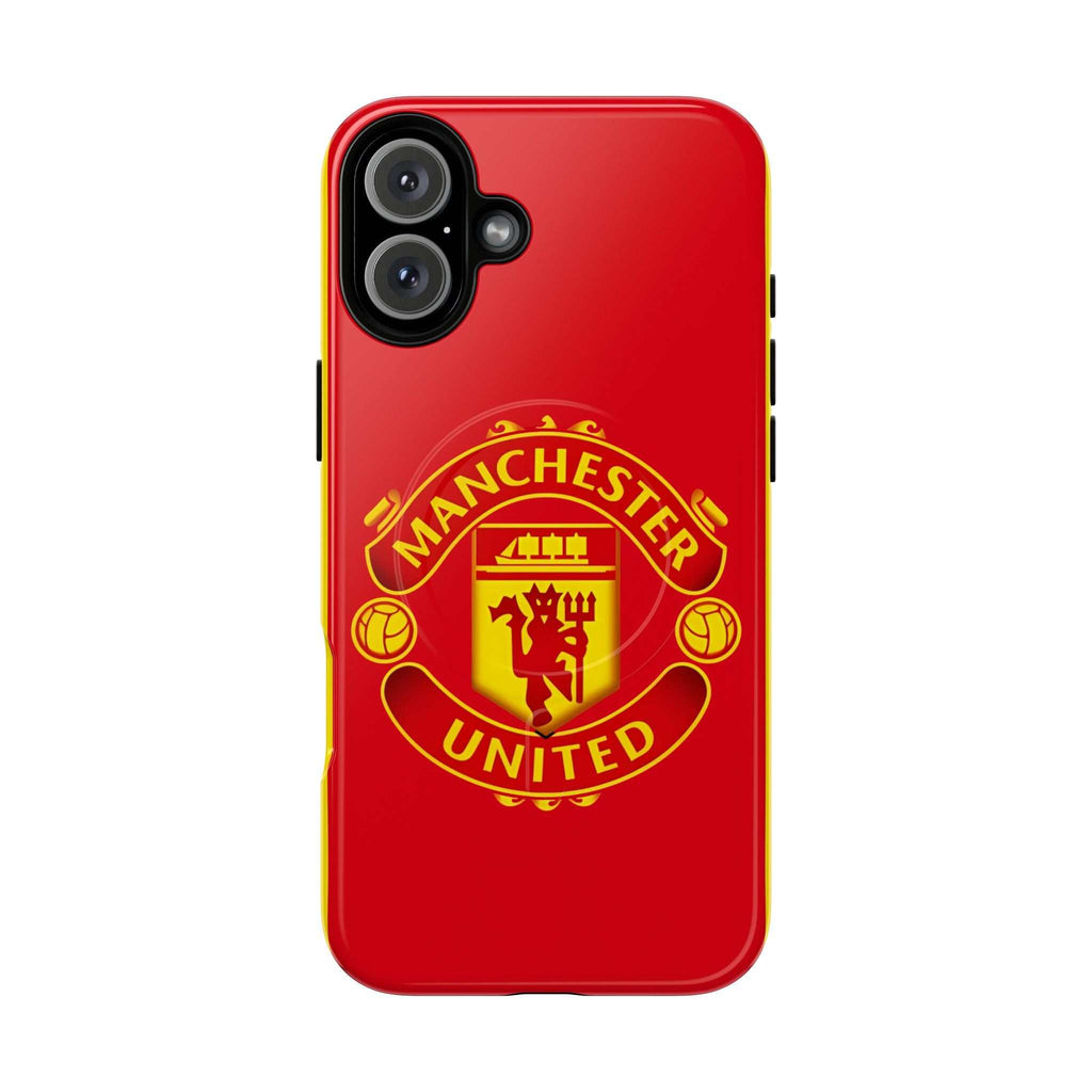 Red Manchester United MagSafe iPhone case with official-inspired crest and dual-layer protection