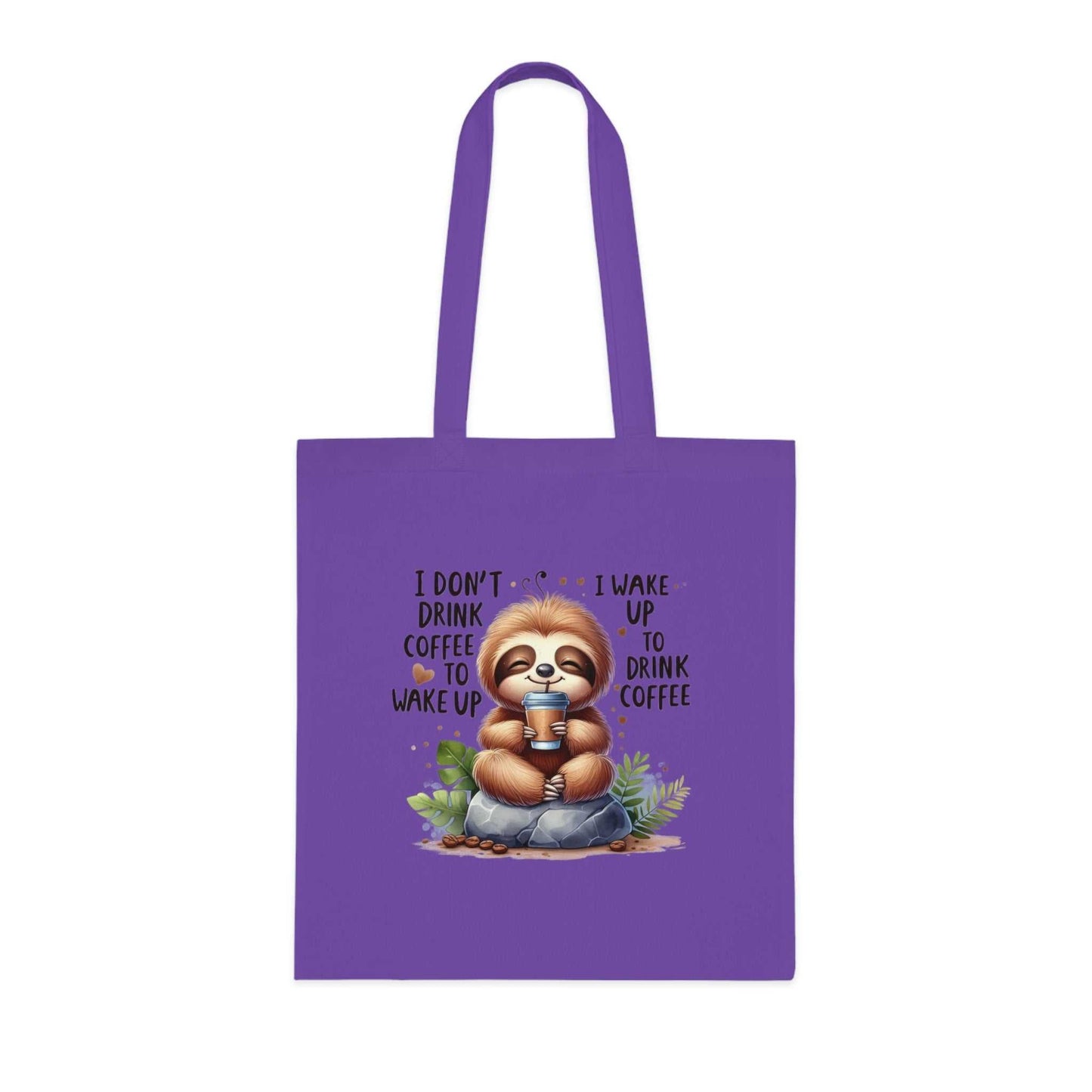 Cute sloth tote bag with whimsical design, 100% cotton fabric, reinforced stitching, and vibrant colors.