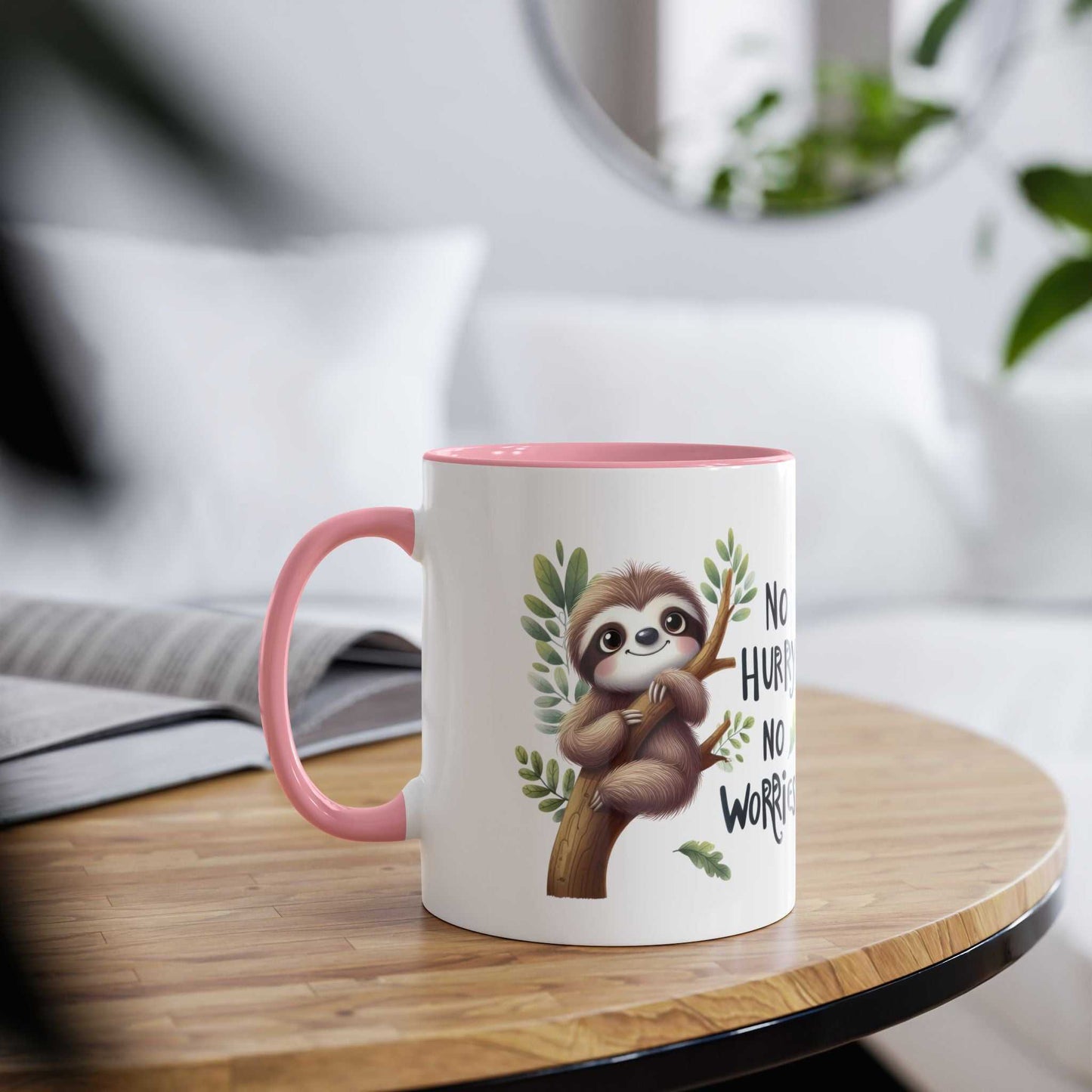 Cute sloth coffee mug with pink interior, featuring a whimsical sloth design.