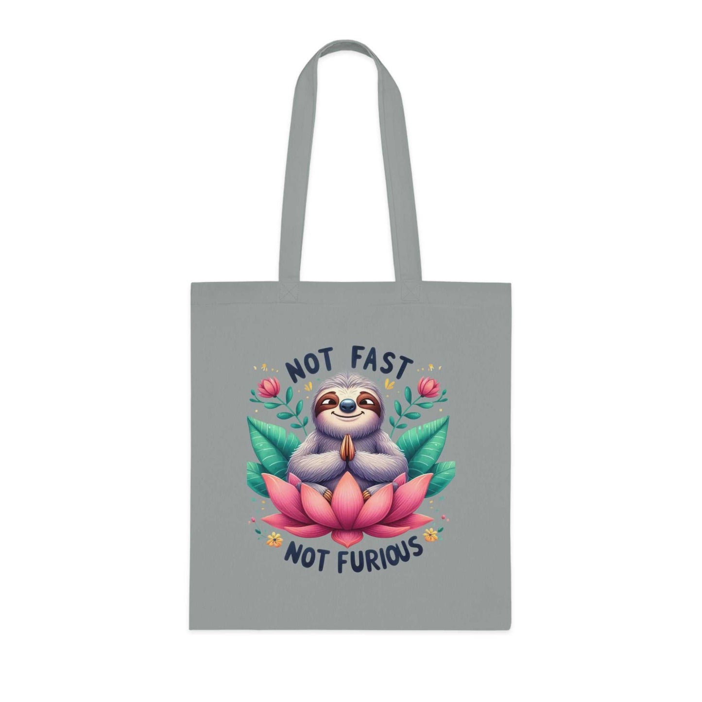 Cotton tote bag with cute sloth design, perfect for essentials; features vibrant colors and reinforced handles.