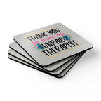 Unpaid Therapist Coaster Set with playful design, rounded corners, and cork backing.