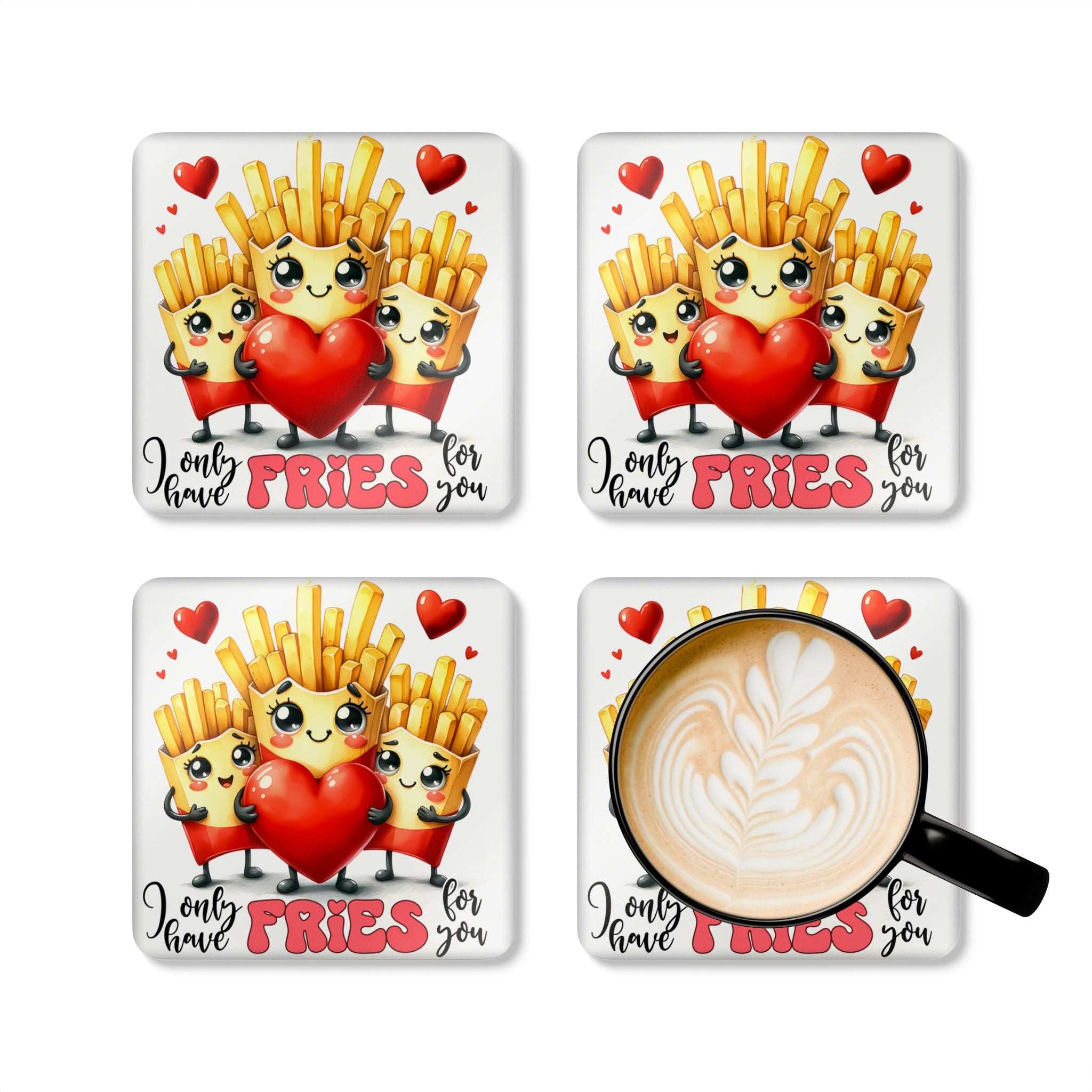 Only Have Fries For You Coaster Set with cute fries design and heart; 4-piece, non-slip, water-repellent coasters for drinks.