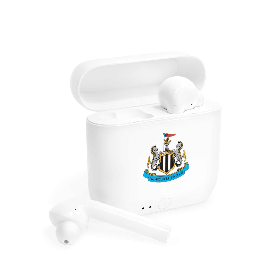 Newcastle Utd wireless earbuds with charging case featuring fan-inspired club crest design