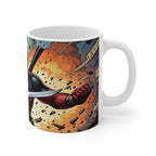 Deadpool themed superhero ceramic mug with colorful comic design, glossy finish, microwave and dishwasher safe.
