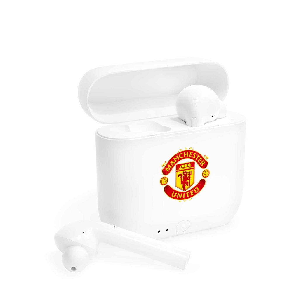 White Manchester Utd wireless earbuds with charging case featuring fan-inspired club crest design