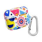 Bright geometric print protective case for AirPods and AirPods Pro with a durable, colorful hard shell and attached silver carabiner clip