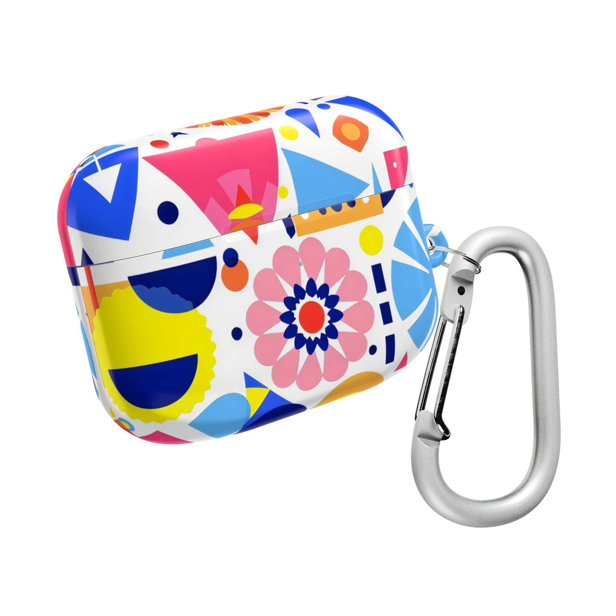 Bright geometric print protective case for AirPods and AirPods Pro with a durable, colorful hard shell and attached silver carabiner clip