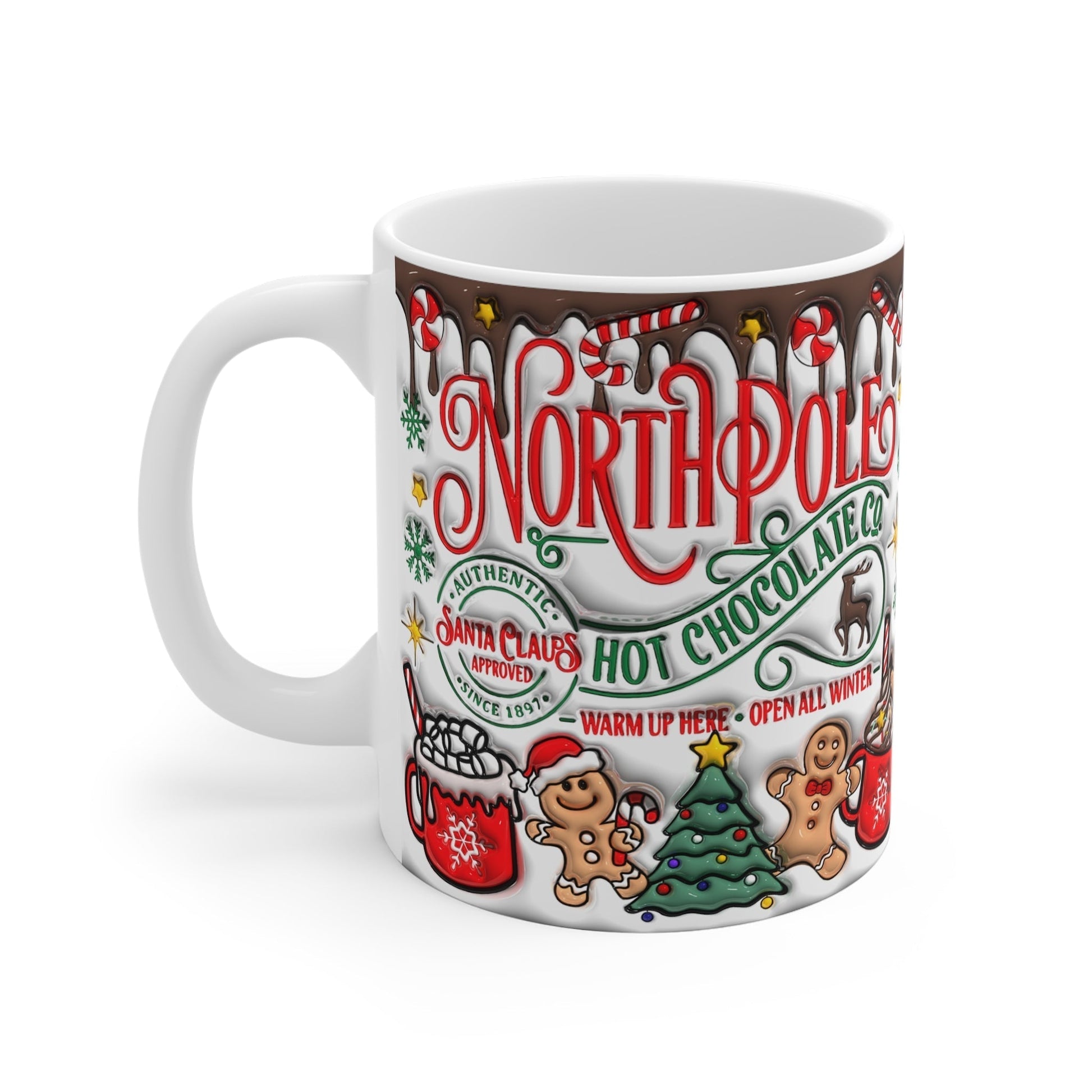 North Pole Christmas Mug with festive design, 11oz ceramic, glossy finish, microwave and dishwasher safe.