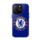 Chelsea FC MagSafe iPhone case with royal blue color and club crest, dual-layer protection, and MagSafe compatibility