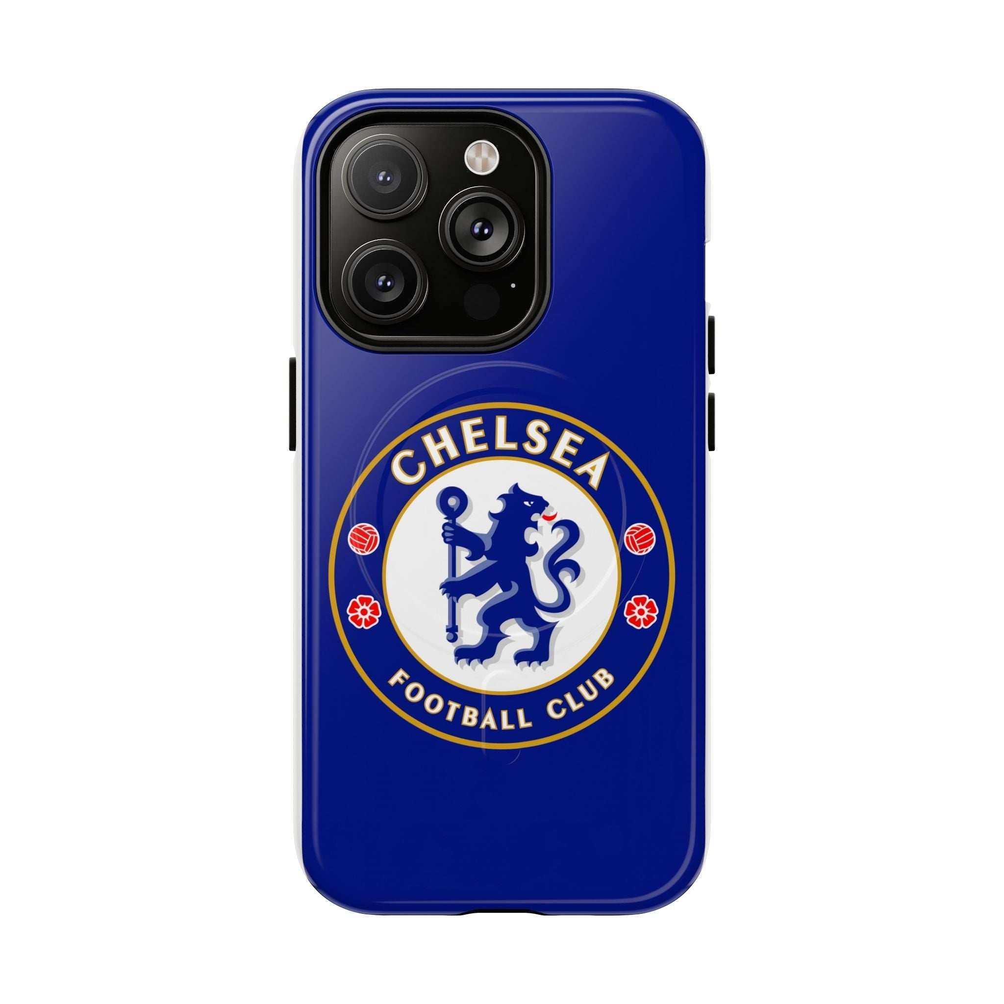 Chelsea FC MagSafe iPhone case with royal blue color and club crest, dual-layer protection, and MagSafe compatibility