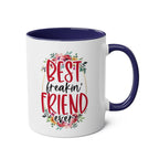 Best Freaking Friend Coffee Mug with floral design, 11oz ceramic, glossy finish, blue handle.