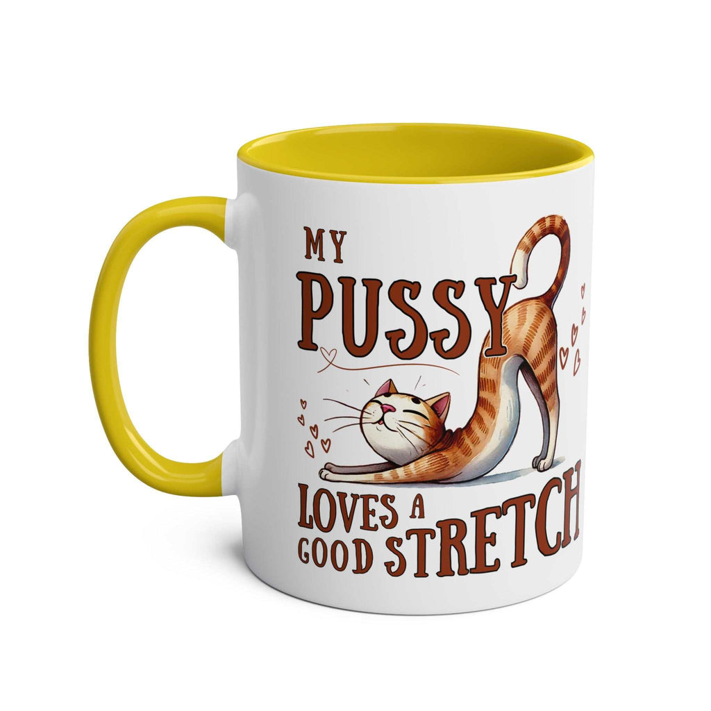 Cheeky Fun Coffee Mug with yellow handle and interior featuring a playful cat illustration and humorous text about stretching.
