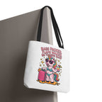 Colorful fun unicorn travel tote bag with cheeky design and multiple handle options