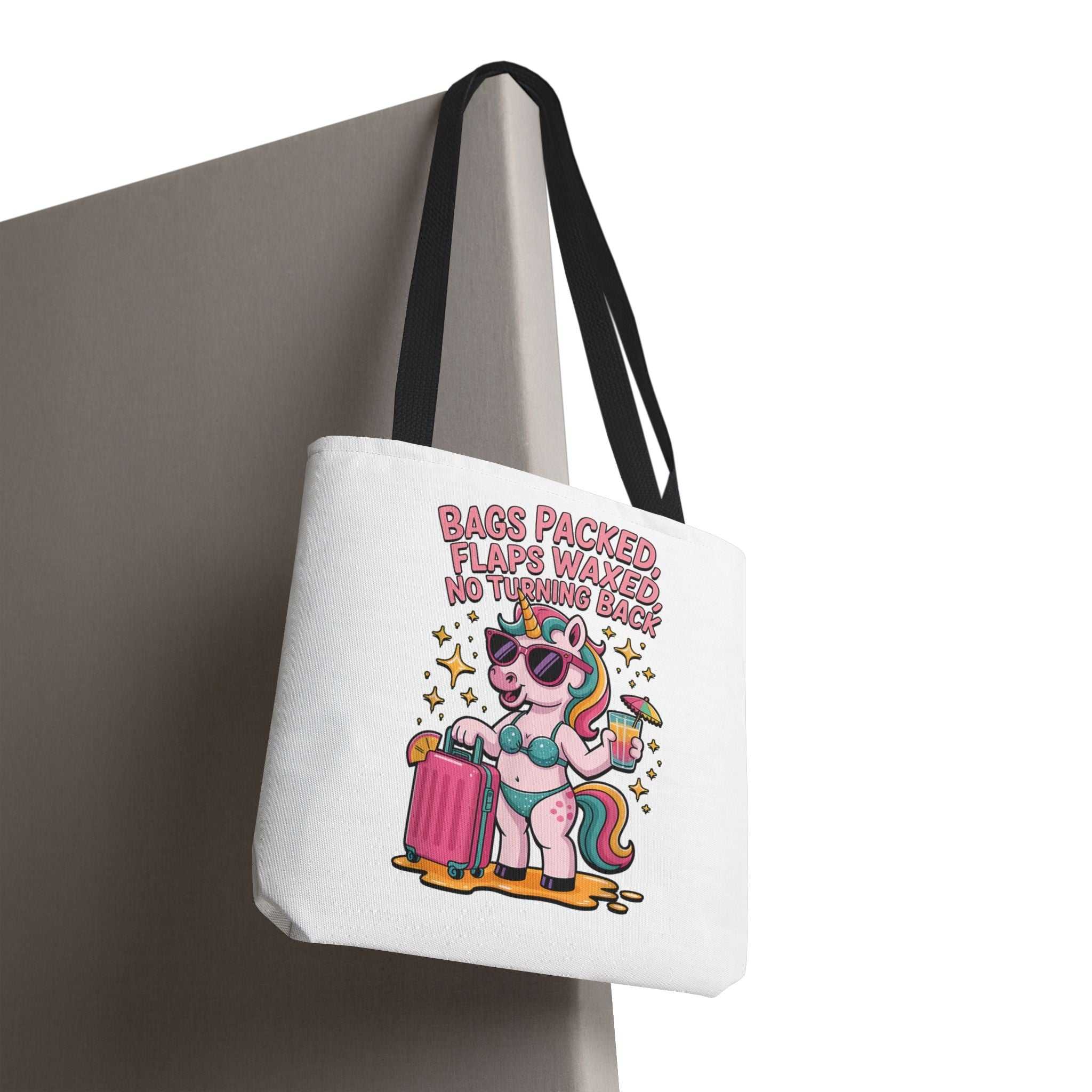 Colorful fun unicorn travel tote bag with cheeky design and multiple handle options