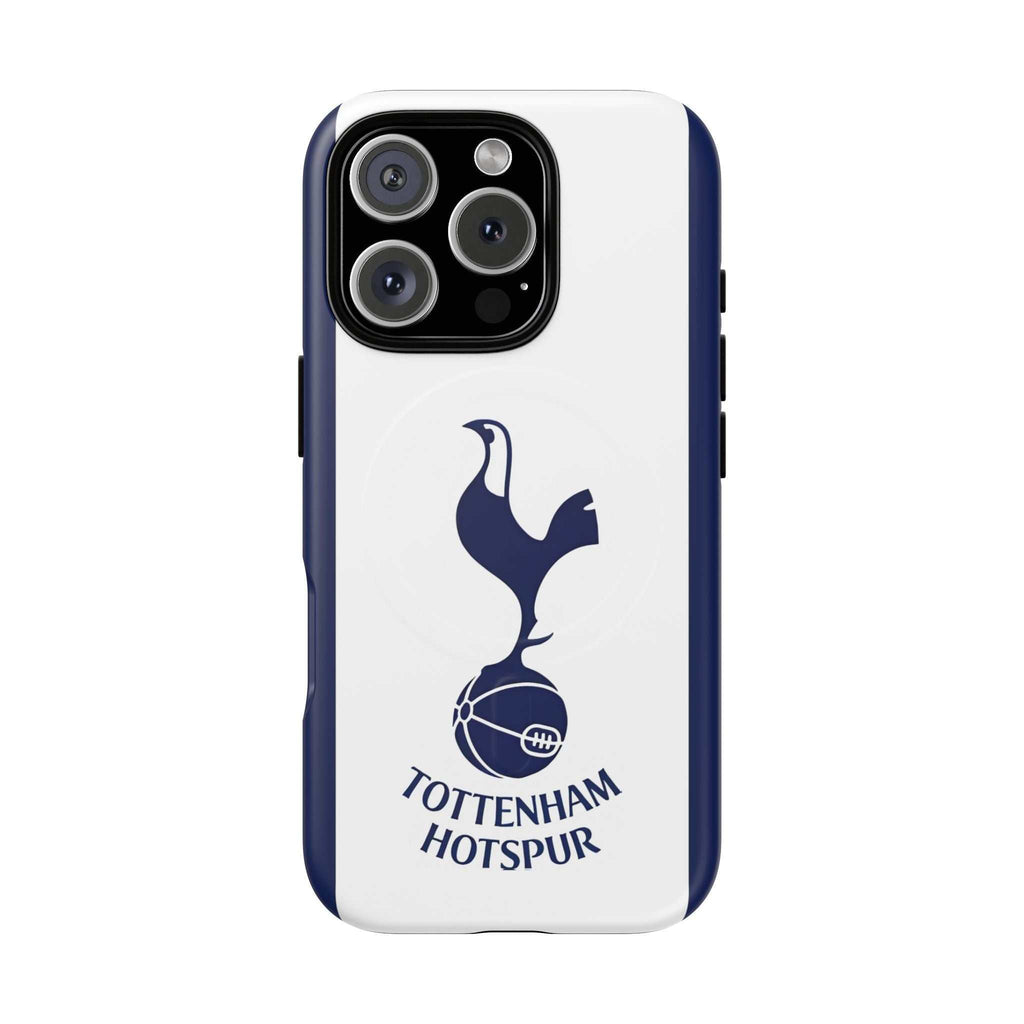 Tottenham FC MagSafe iPhone case with navy and white colors, dual-layer protection, and wireless charging compatibility.