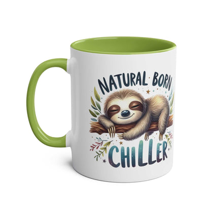 Cute sloth coffee mug with "Natural Born Chiller" design, green handle and interior.