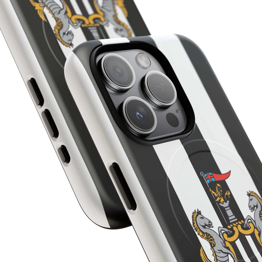 Newcastle United Magsafe iPhone case with black and white stripes and club-inspired crest, dual-layer protection, and MagSafe compatibility.