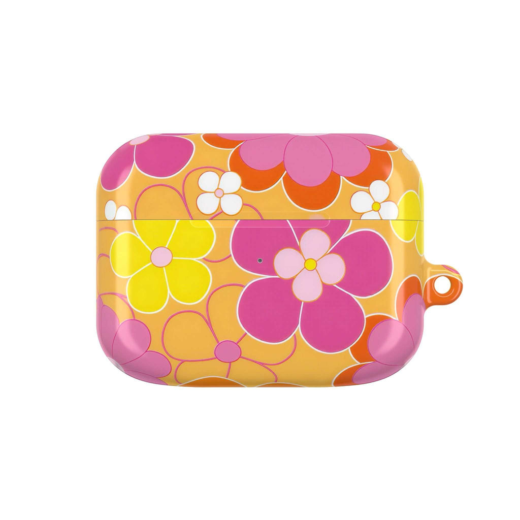 Retro floral AirPods protective case with vibrant yellow and pink flower design, hard shell, glossy finish, compatible with AirPods and AirPods Pro.